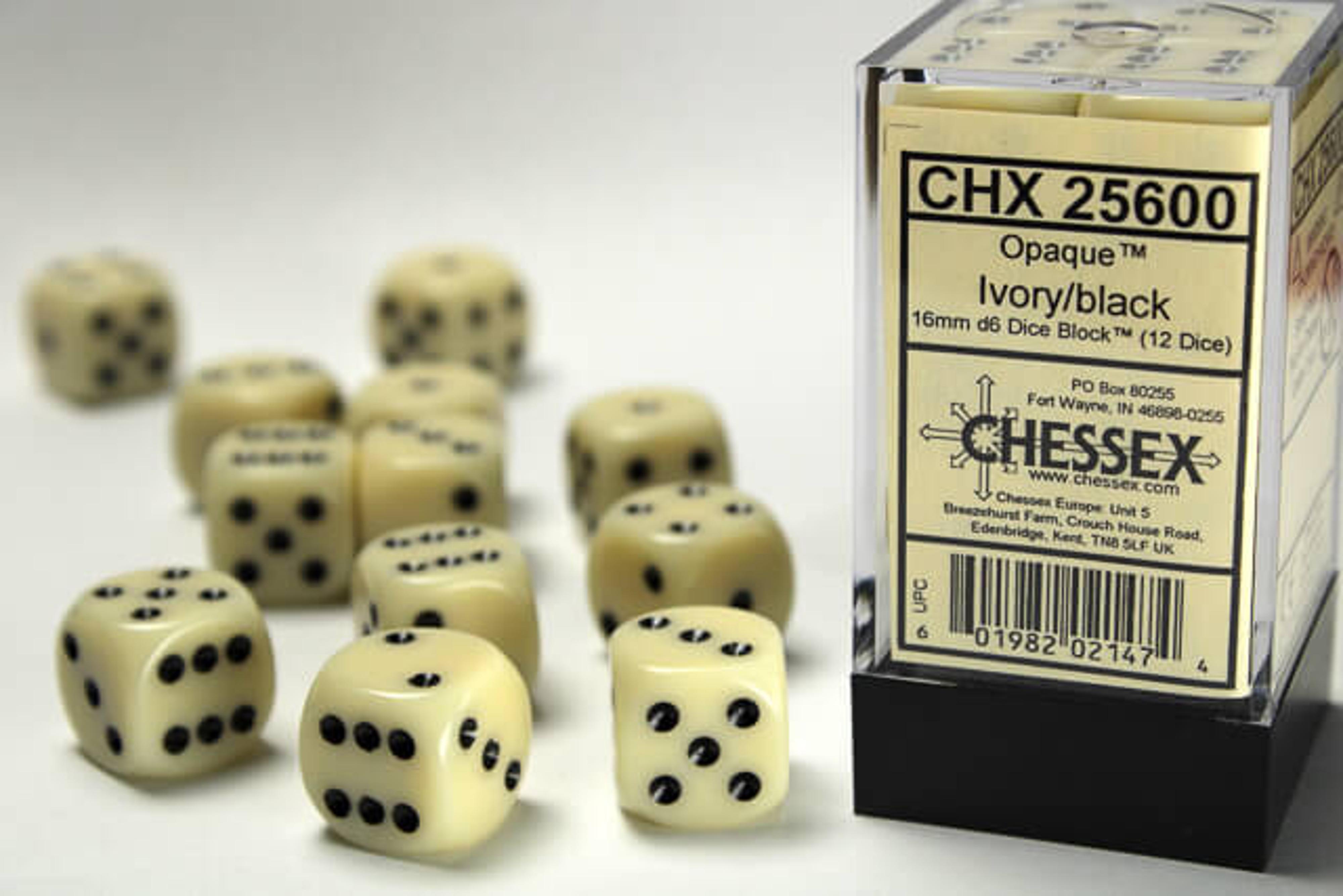 Chessex Opaque 16mm Opaque Ivory/Black D6 Dice Block (12 pc)