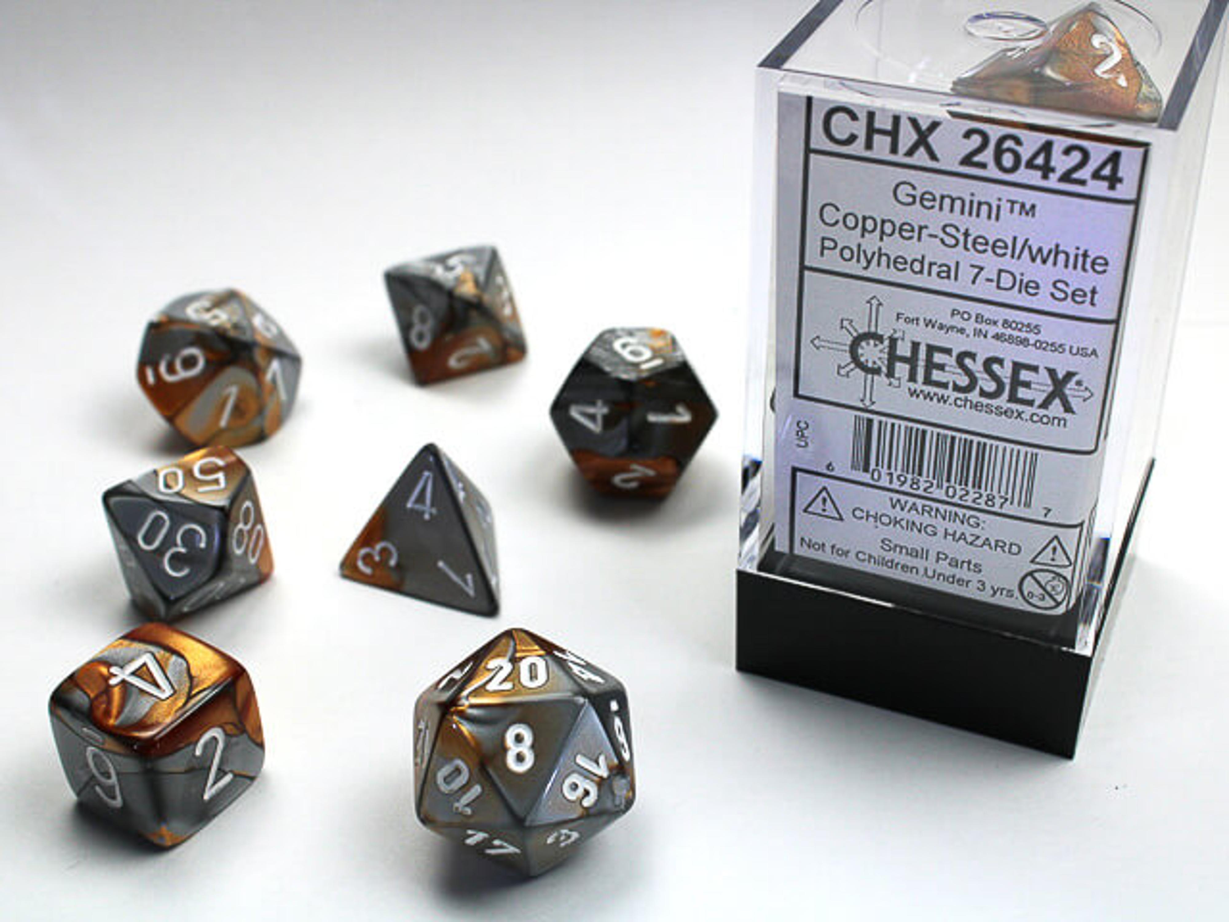 Chessex Gemini Polyhedral Copper-Steel/White 7 Die Set