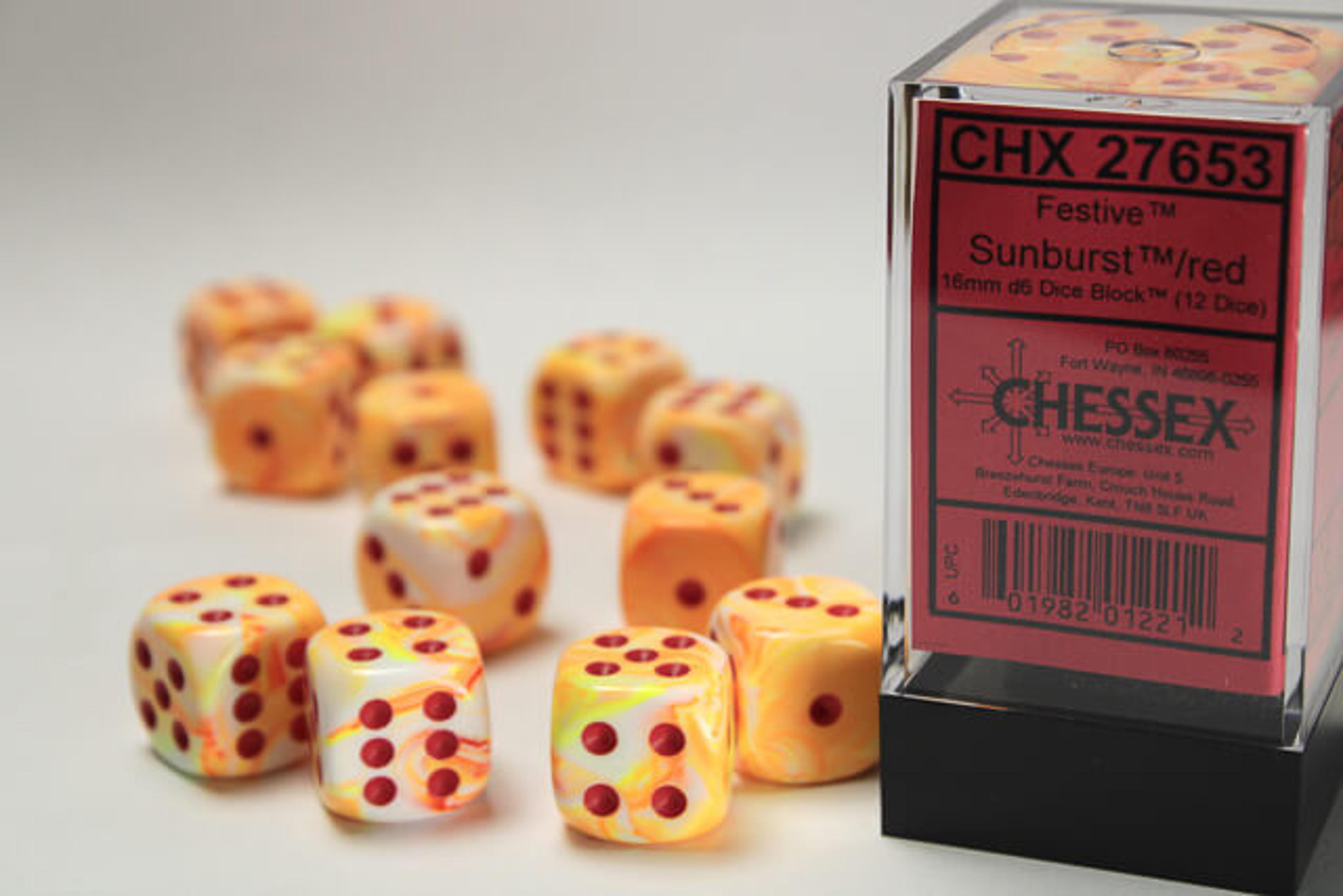 Chessex 16mm Festive Sunburst/Red D6 Dice Block (12 pc)