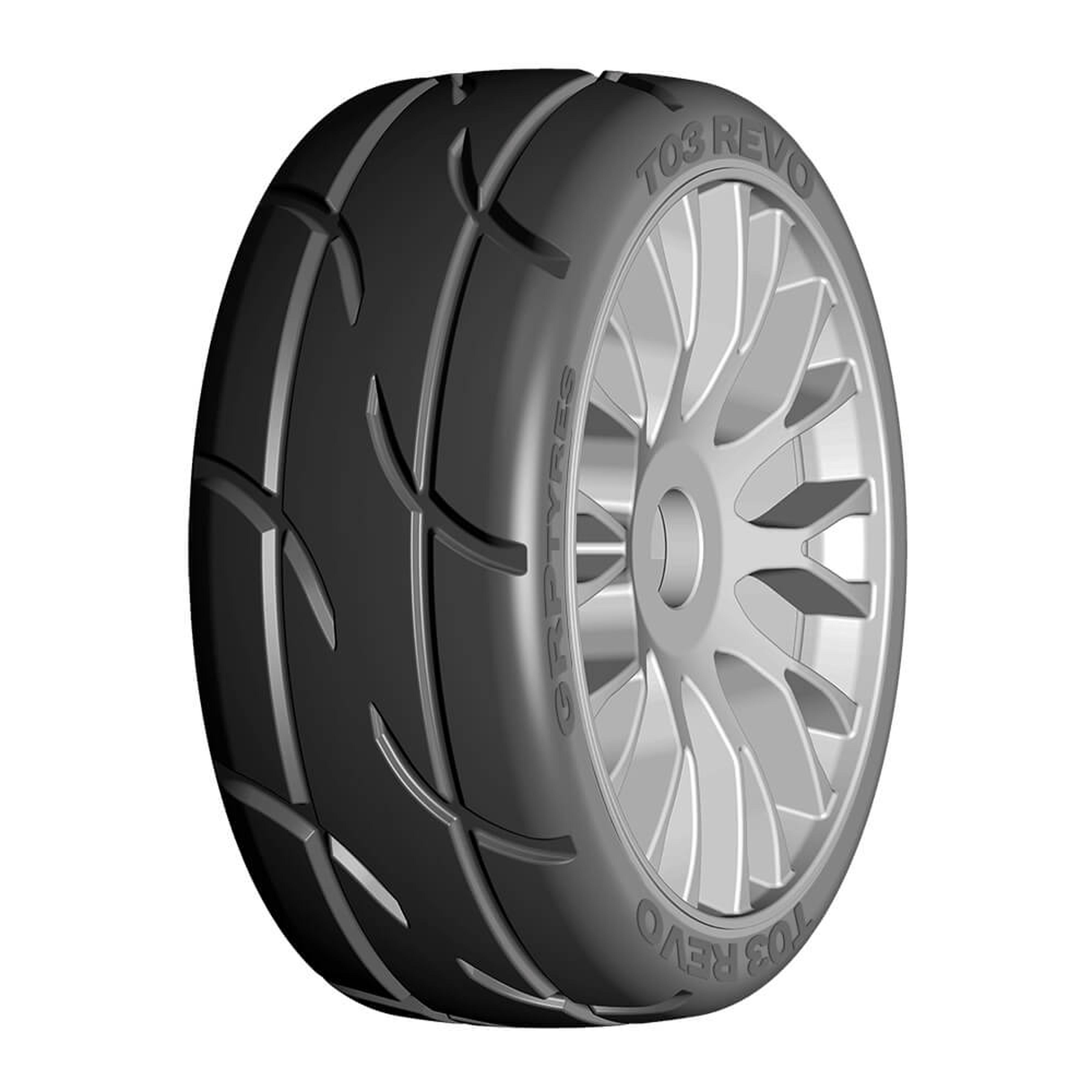 1/8 GT T03 REVO XB3 Soft Tyres, 20 Spoked FLEX Silver Wheels (1 pair)
