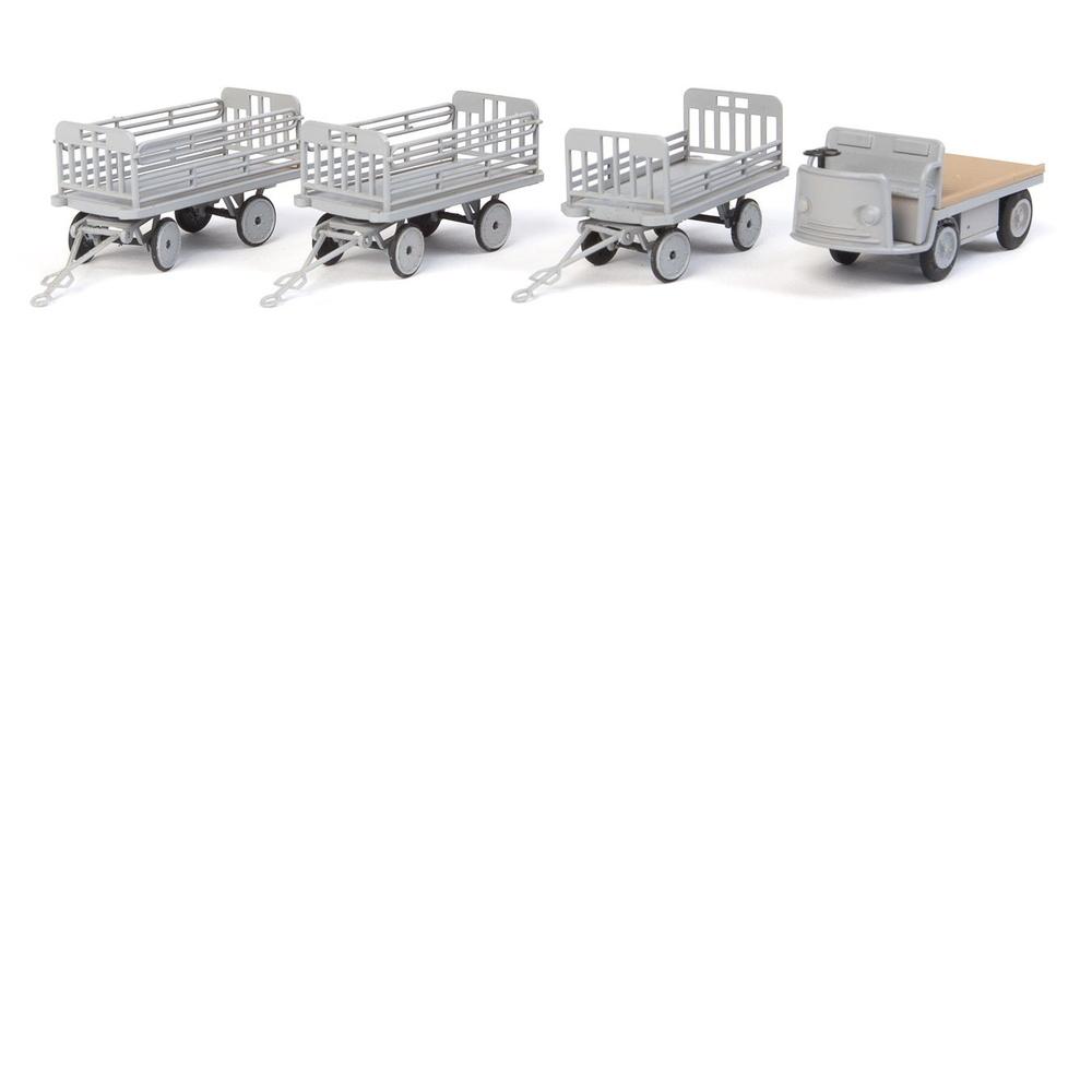 HO Baggage Tractor & Trailers - Non-Powered Tractor & 3 Trailers gray