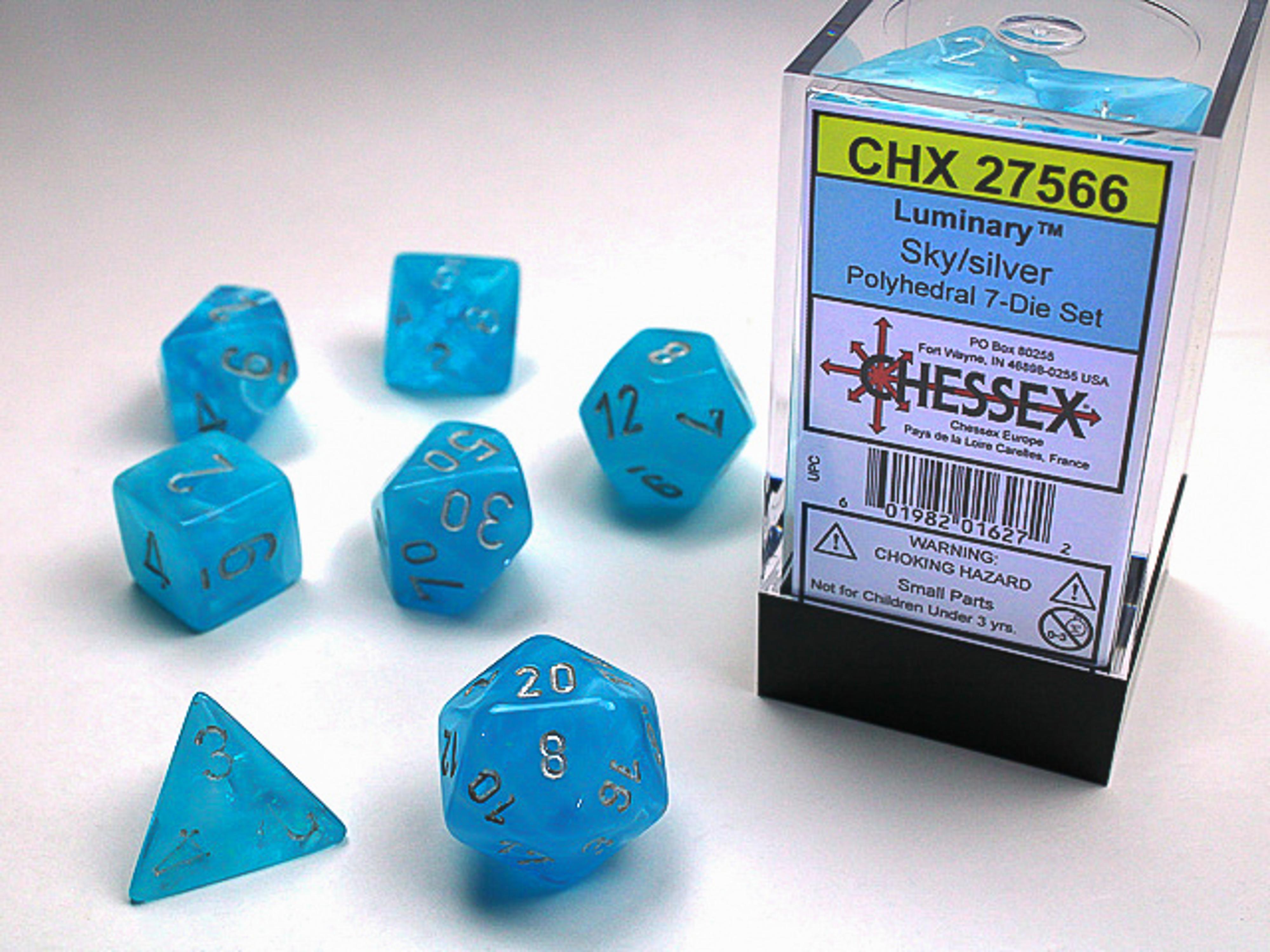 Chessex Luminary Glow-in-the-Dark Polyhedral Sky/Silver 7 Die Set