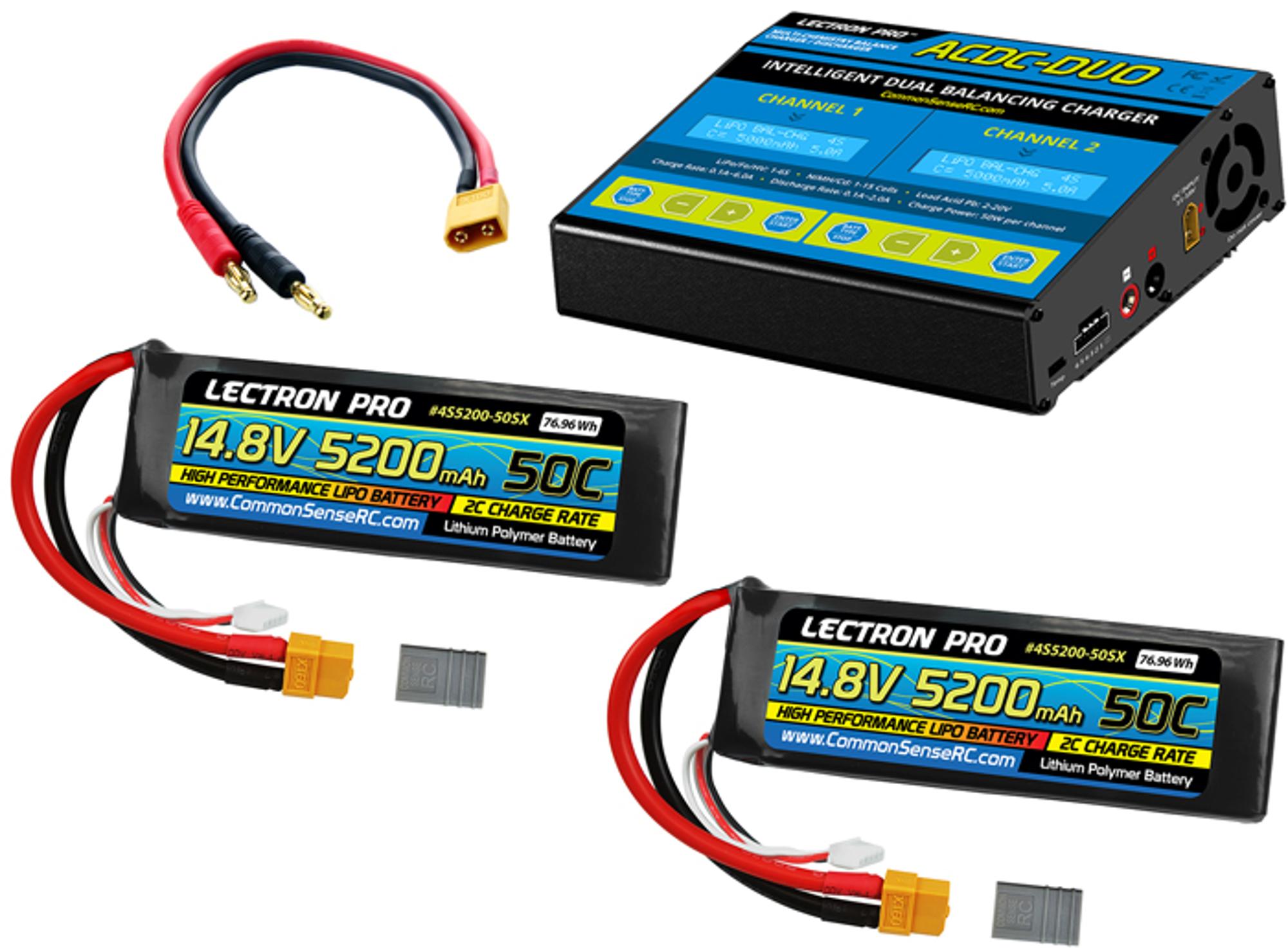 Common Sense Power Pack #57 ACDC-DUO Charger w/ 14.8v 5200mAh 50C Soft Pack LiPo Batteries, XT60 Adapter