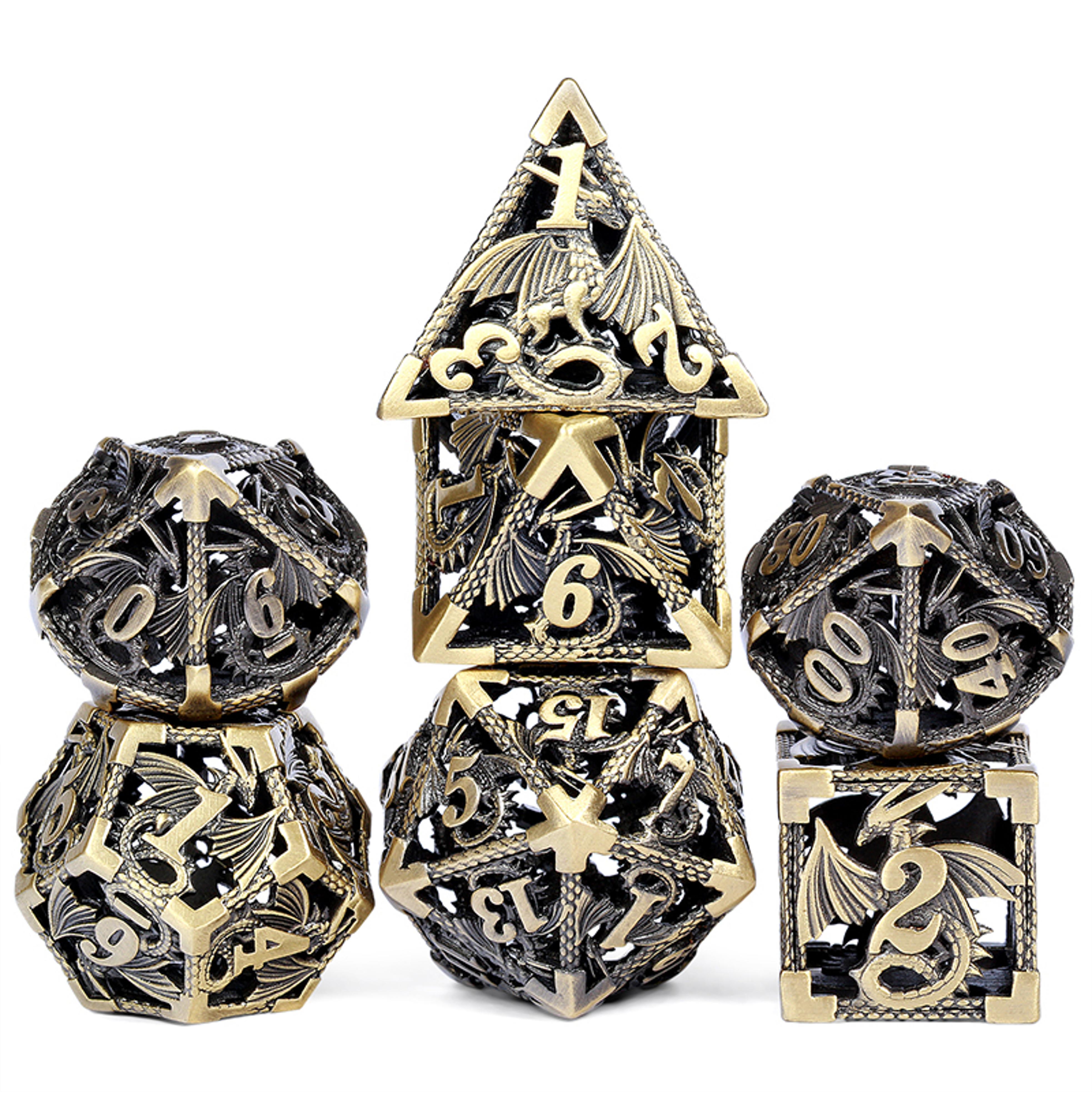 Dice Habit Hollow Polyhedral 7 Die Set - Dragon Ancient Brass