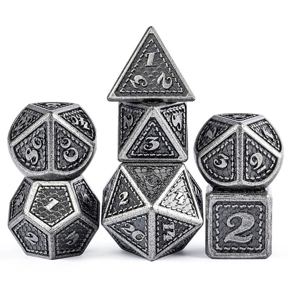 Polyhedral Metal and Enamel 7 Die Set - Ancient Silver Scale