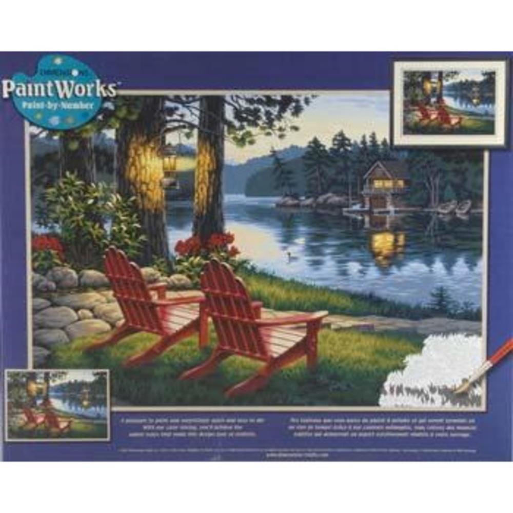 Paint by Number Adirondack Evening (Lake, Cabin, Chairs) (20x14)