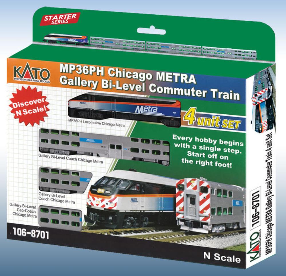 Kato N Scale MP36PH Chicago METRA Gallery Bi-Level Commuter Train Set